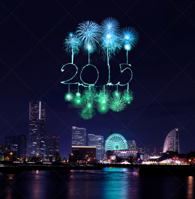 横滨,放焰火,新年前夕,2015年,滨海湾 ,在上面,垂直画幅,水,天空,建筑