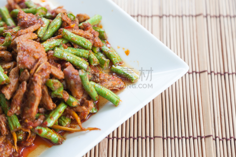 泰国食品,猪肉,扁豆,蔬菜,热,菜单,香料,食品,泰国,罗勒