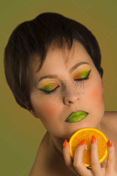 橙子,绿色,彩妆,垂直画幅,美,指甲,化妆用品,唇膏,头发,彩色背景
