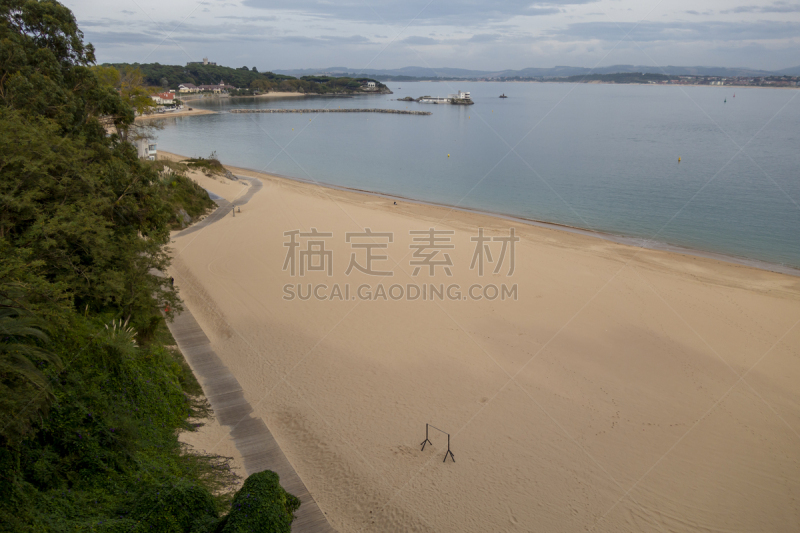 桑坦德,海滩,西班牙,寒冷,云,著名景点,海岸线,松树,散步道,石头