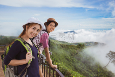 早晨,旅行者,女人,亚洲,山景城,雾,天空,夏天,仅成年人,青年人