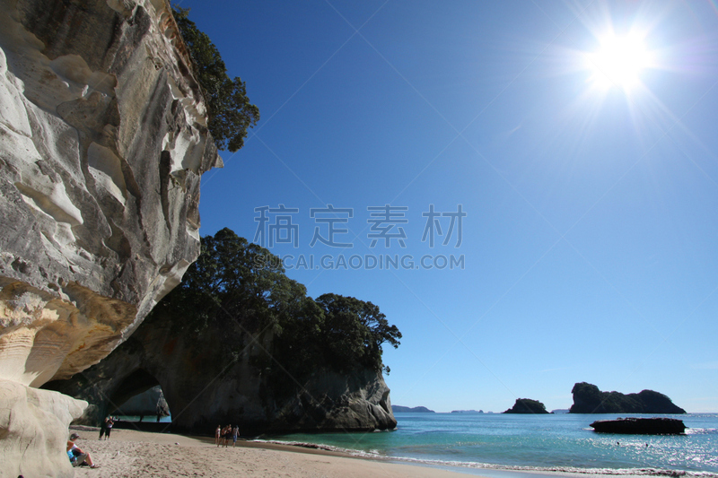 新西兰,水,水平画幅,沙子,无人,澳大拉西亚,夏天,大洋洲,镜头眩光,cathedral cove