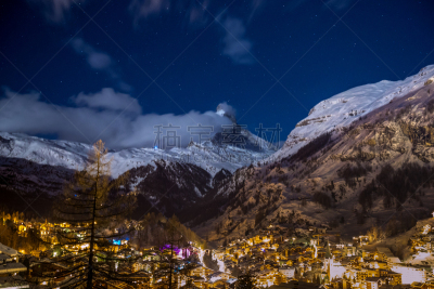 夜晚,雪,策尔马特,在下面,自然美,材料,天空,星星,光