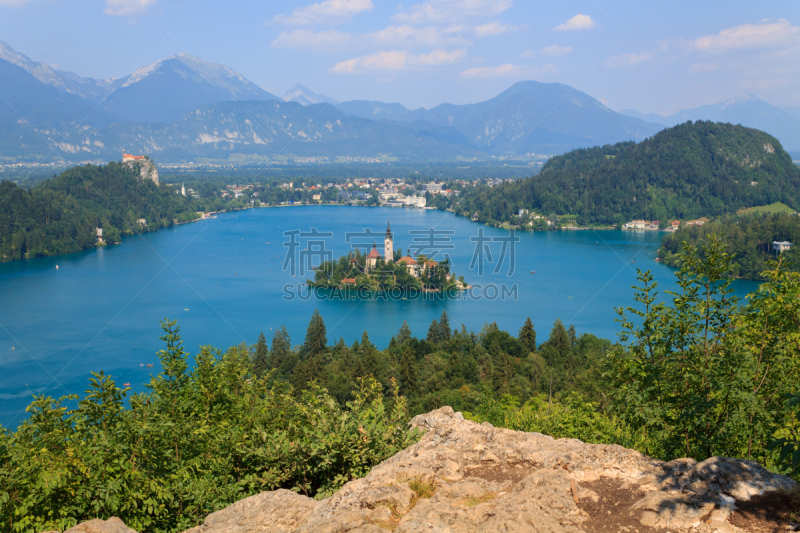 布雷德湖,夏天,岛,水,天空,美,水平画幅,山,julian alps