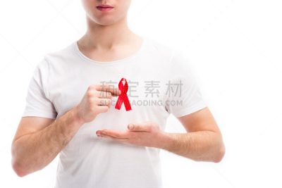 男人,图像,世界艾滋病日,衬衫,白色,概念,分离着色,部分,艾滋病警示丝带,出示