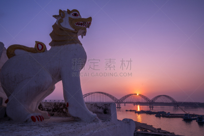 雕像,琴码,伊洛瓦底江,狮子,在上面,实皆省,曼德勒,缅甸,水平画幅,建筑