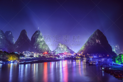 阳朔,城市天际线,阳朔县,漓江,喀斯特,水,水平画幅,山,夜晚,无人