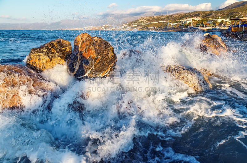 海浪,海洋,波浪,石头,橙色,公亩,水,美,风,水平画幅