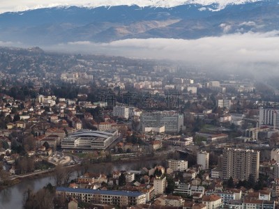 Grenoble, France – December 23, 2018: photography showing a sea of clouds above the city of Grenoble during a morning of december. The photography was taken at La Bastille viewpoint. La Bastille is a fortress culminating at 476 m (1,561ft) above sea level