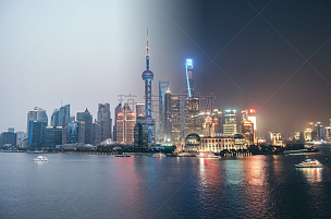 城市天际线,上海,白天到夜晚,天空,未来,高视角,夜晚,当地著名景点,金茂大厦,全球通讯