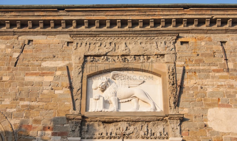 Bergamo - Old city (Città Alta). Landscape on the Lion of Saint Marco