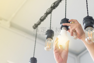 概念,能源,新的,荧光灯,电灯泡,亚洲,led灯,男人,粉饼,改变