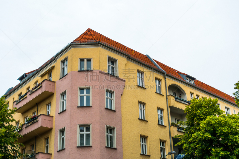 柏林,房屋,friedrichshain,黄色,橙色,角落,窗户,天空,外立面,水平画幅