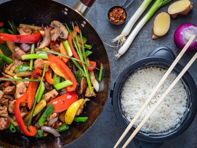鸡肉,泰国人,生姜,蔬菜,胡瓜,配方,清新,香料,食品,米