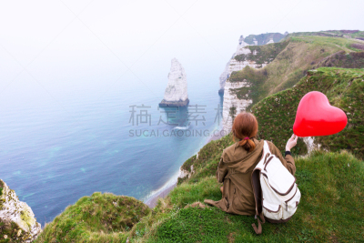 法国,海岸线,女孩,诺曼底埃特塔尔海滩,幸福,红色,气球,风景,代表,北