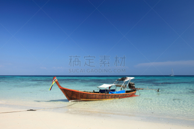 安达曼海,长尾船,天空,泰国人,水平画幅,沙子,夏天,蓝塔岛,皮皮岛,泰国