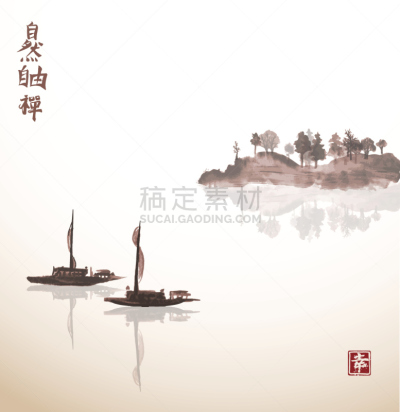 雾,岛,两只动物,拖捞船,烟灰墨,墨水和刷子,水墨画,鸬鹚,环境,天气