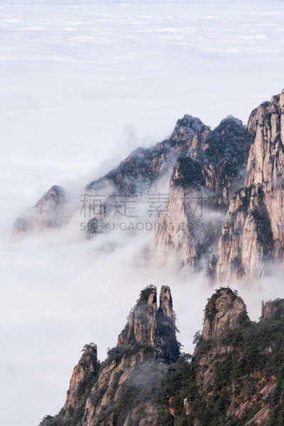 黄山山脉,中国,雾凇,海洋,云景,安徽省,垂直画幅,天空,山,雪