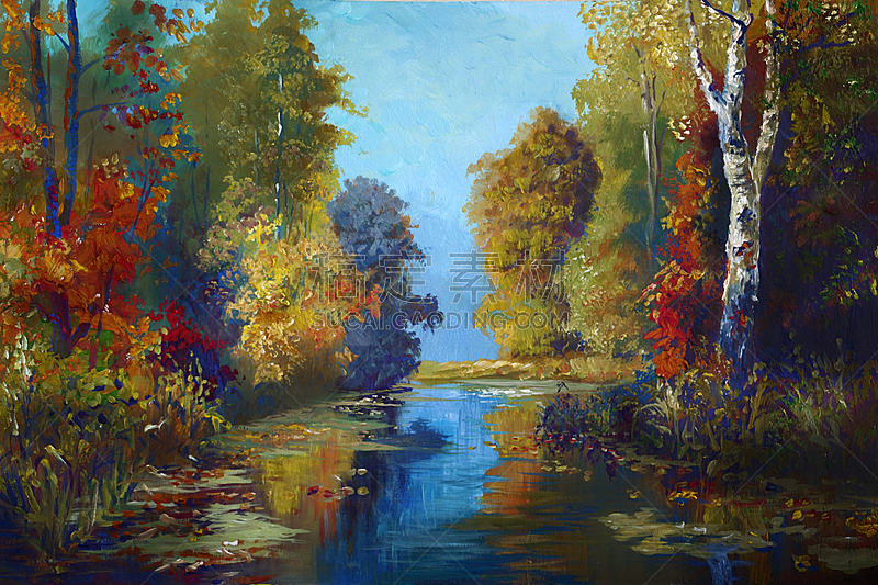 秋天,地形,飘然,风景,画布,水彩画颜料,美术工艺,池塘,自然美