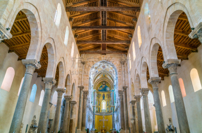 Indoor view in the amazing Cefalù Cathedral. Sicily, southern Italy.