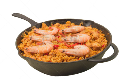 西班牙海鲜饭,餐具,水平画幅,无人,膳食,海产,明虾,锅,特写,柠檬