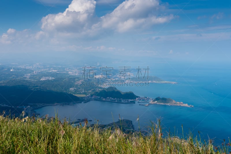 九份,水,天空,水平画幅,山,无人,海港,户外,高处,植物