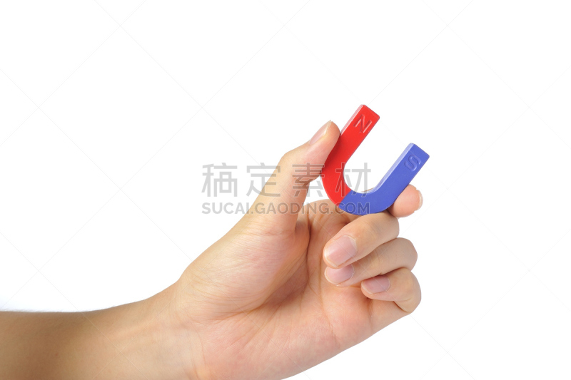 磁铁,人,马蹄形磁铁,红色,留白,水平画幅,蓝色,手,白色背景
