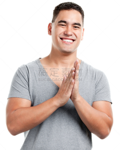 青年男人,肖像,双手摩擦,寸头,v领,自鸣得意的,咧嘴笑,假笑,垂直画幅,躯干