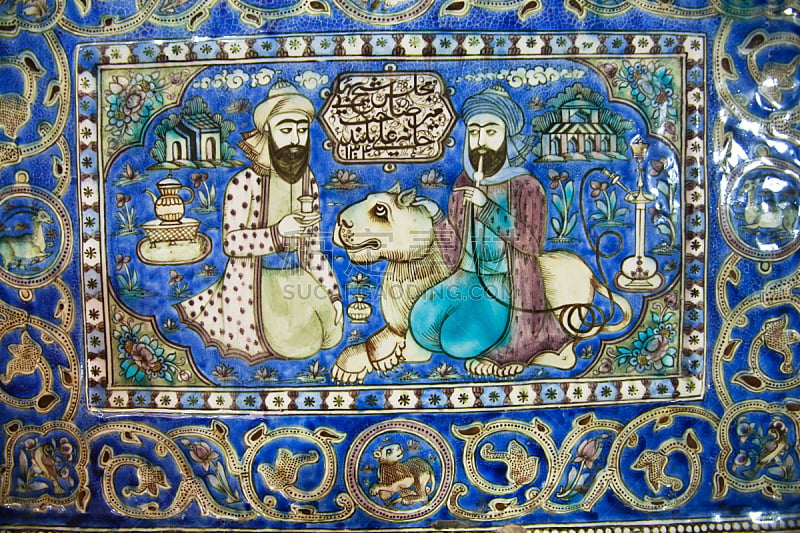 狮子,瓷砖,园林,男人,19世纪风格,两个人,水烟袋,泥墙画,传统,伊朗