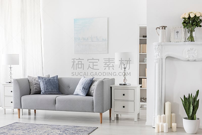 白色,蜡烛,平坦的,灰色,柜子,沙发,极简构图,植物群,几乎,摄影