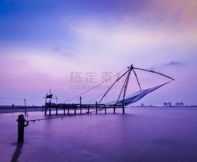 高知,喀拉拉邦,印度,网眼袜,鱼网,渔网,水,天空,水平画幅,无人