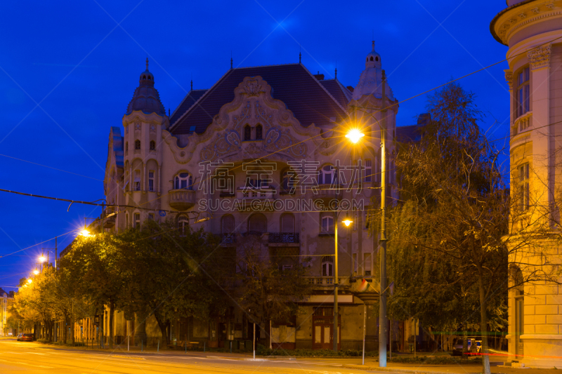 赛格德,绘画插图,都市风景,夜视,街道,水平画幅,匈牙利,秋天,夜晚,无人