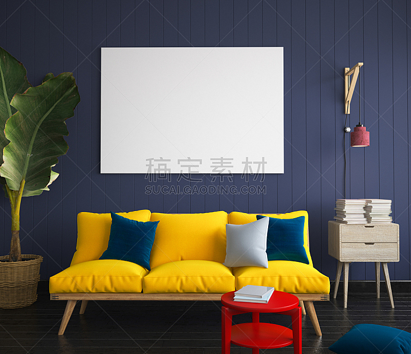 沙发,室内,黄色,轻蔑的,正下方视角,潮人,边框,艺术,水平画幅