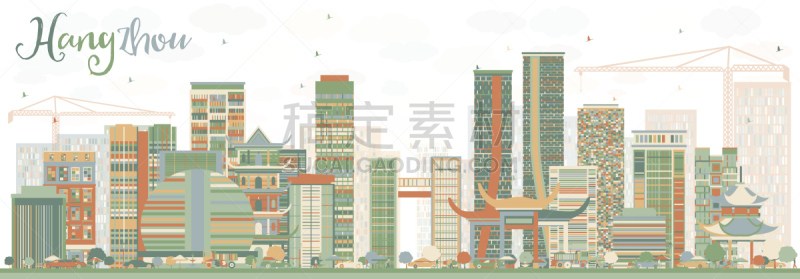 杭州,城市天际线,建筑外部,抽象,彩色图片,浙江省,出租车,商务,云,现代