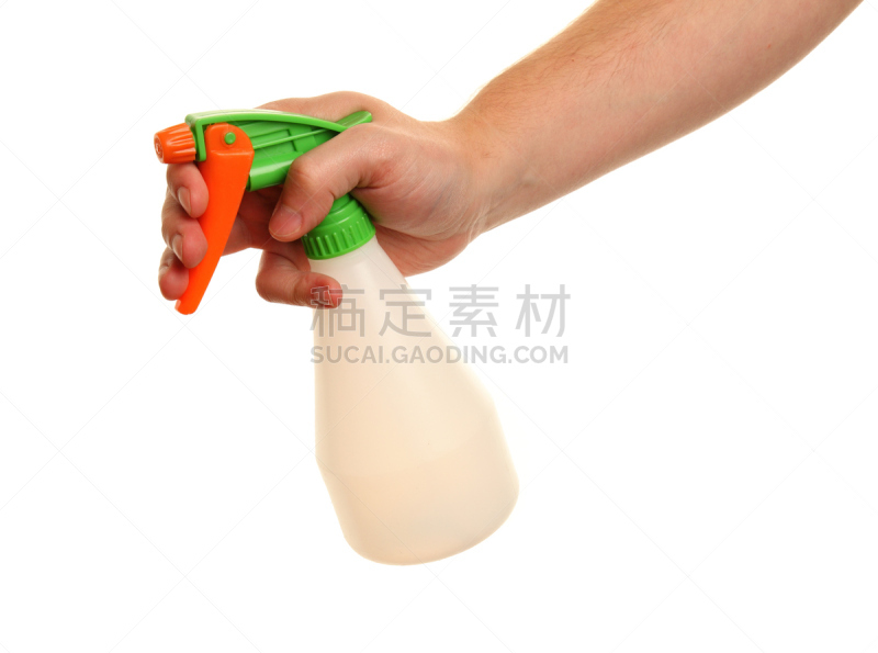 喷雾瓶,水彩画颜料,水平画幅,绿色,橙色,手,白色背景,背景分离,白人