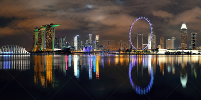 新加坡,城市天际线,滨海湾金沙酒店,滨海湾 ,水平画幅,建筑,夜晚,无人,全景,黄昏