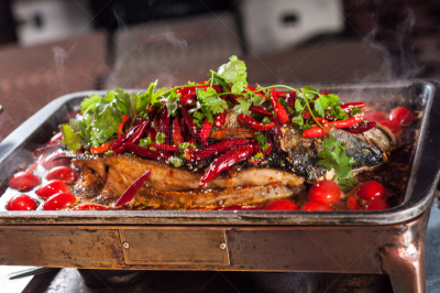 鱼类,格子烤肉,煮食,水平画幅,无人,膳食,海产,西红柿,肉,烤的