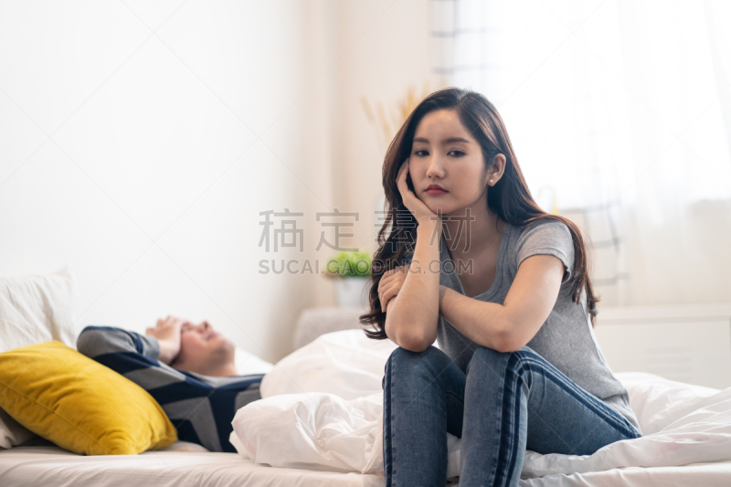 床,女人,危险,问题,伴侣,男人,不高兴的,悲哀,连接,担心