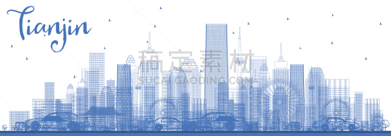 天津市,蓝色,城市天际线,建筑外部,轮廓,轮廓线画,出租车,天空,艺术,水平画幅
