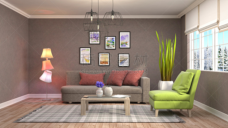 室内,起居室,三维图形,绘画插图,水晶吊灯,扶手椅,褐色,座位,桌子,水平画幅
