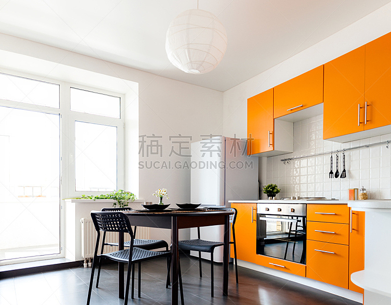 橙色,极简构图,厨房,炊具,住宅房间,家庭生活,现代,室内,新的,水平画幅