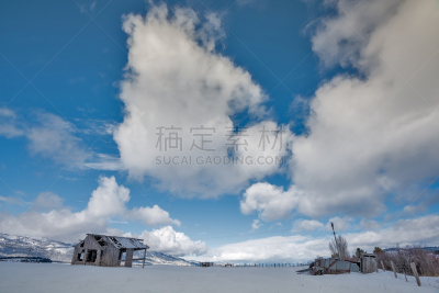 谷仓,冬天,小的,草原,天空,寒冷,水平画幅,地形,雪