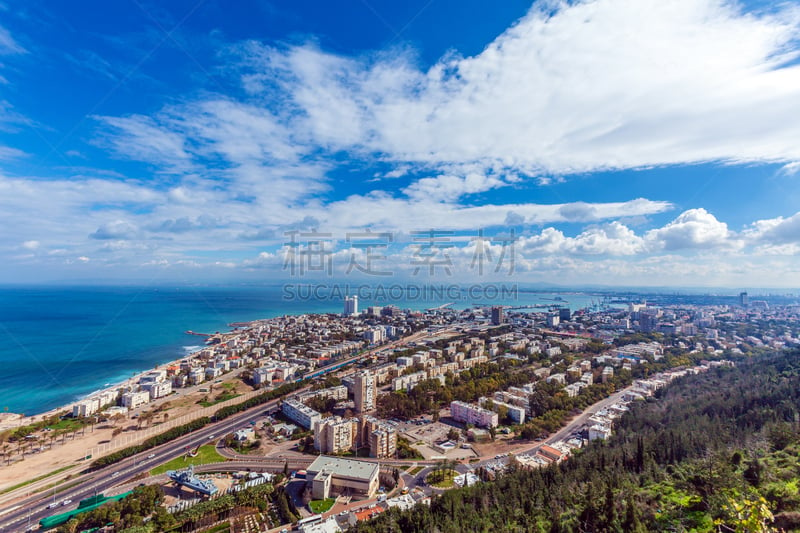 海法,航拍视角,以色列,水平画幅,山,建筑,无人,海港,蓝色,全景