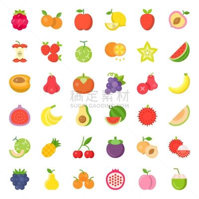 水果,图标集,两个物体,浆果,平坦的,可爱的,素食,樱桃,无人,绘画插图