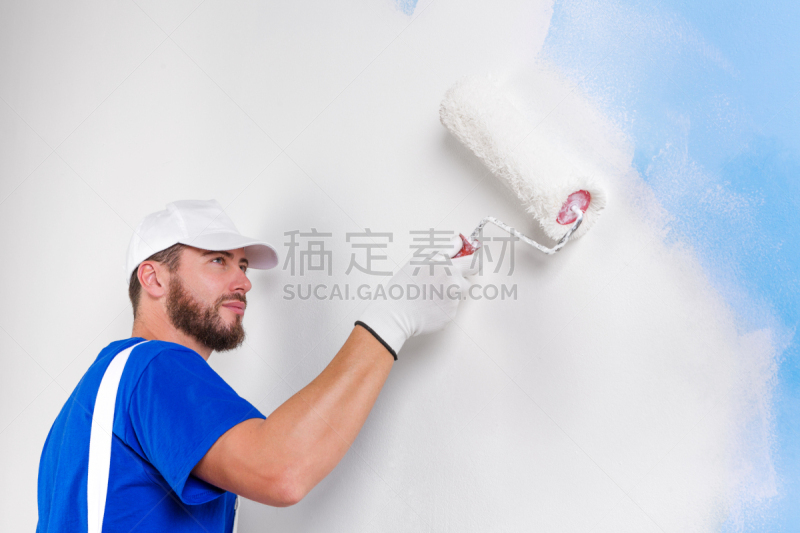 t恤,白色,蓝色,粗棉布裤,白涂料,油漆工,工装背带裤,滚刷,新的,仅男人