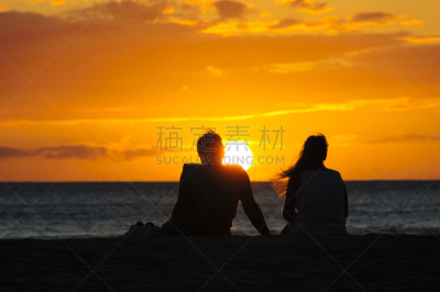 伴侣,海滩,夏威夷,毛伊岛,轮廓,水,水平画幅,沙子,旅行者,夏天