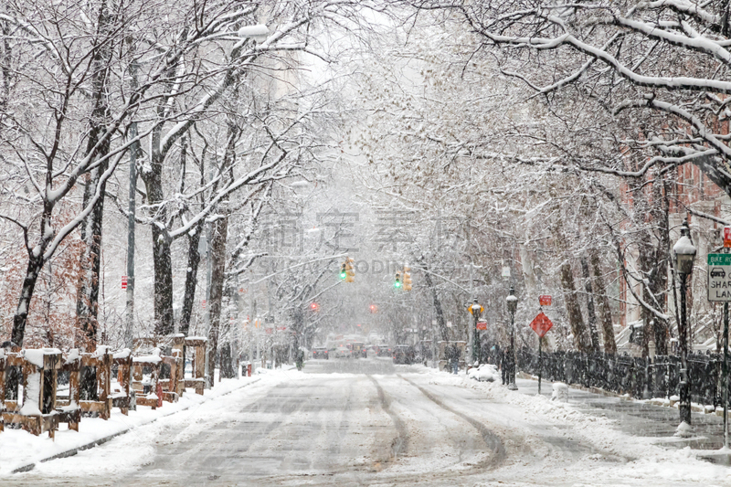 纽约,雪,街道,华盛顿广场公园,寒冷,空的,褐色砂石,环境,公园,暴风雨