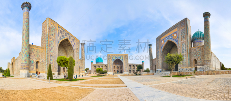 撒马尔干,拉吉斯坦广场,全景,三只动物,天空,灵性,古老的,清真寺,东亚,著名景点