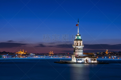伊斯坦布尔,少女塔,苏丹,艾米诺努区,博斯普鲁斯海峡,天空,水平画幅,安纳托利亚,夜晚