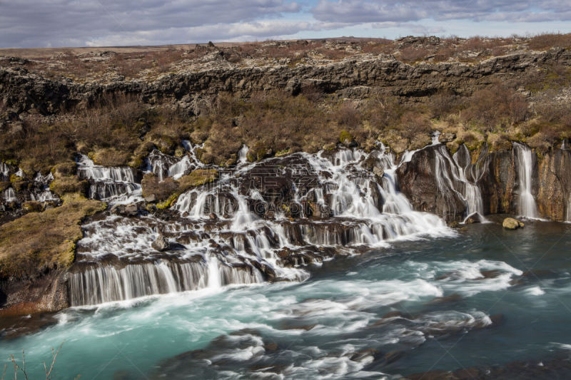 hraunfossar,熔岩,自然,水,水平画幅,地形,瀑布,无人,蓝色,夏天